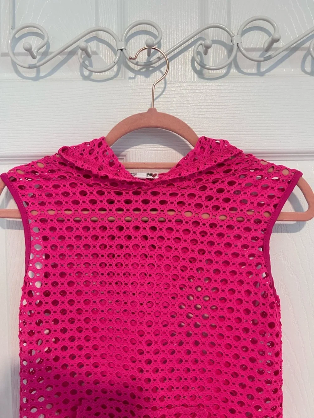 Cotton Candy Hot Pink Hooded Crochet Beach Coverup Size S - Picture 6 of 7